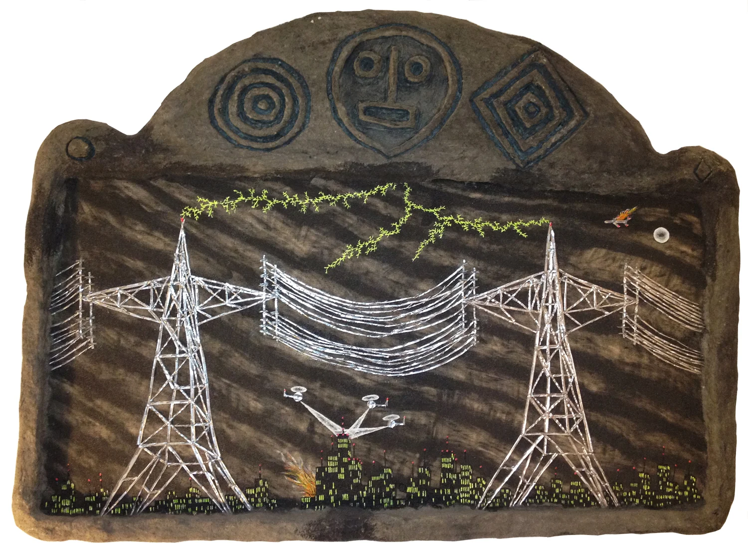 'incident (hi-tension wires IV)' ©1988-92, acrylic, aluminum, celluclay on canvas on wood, 28 1/2" x 38 1/4".