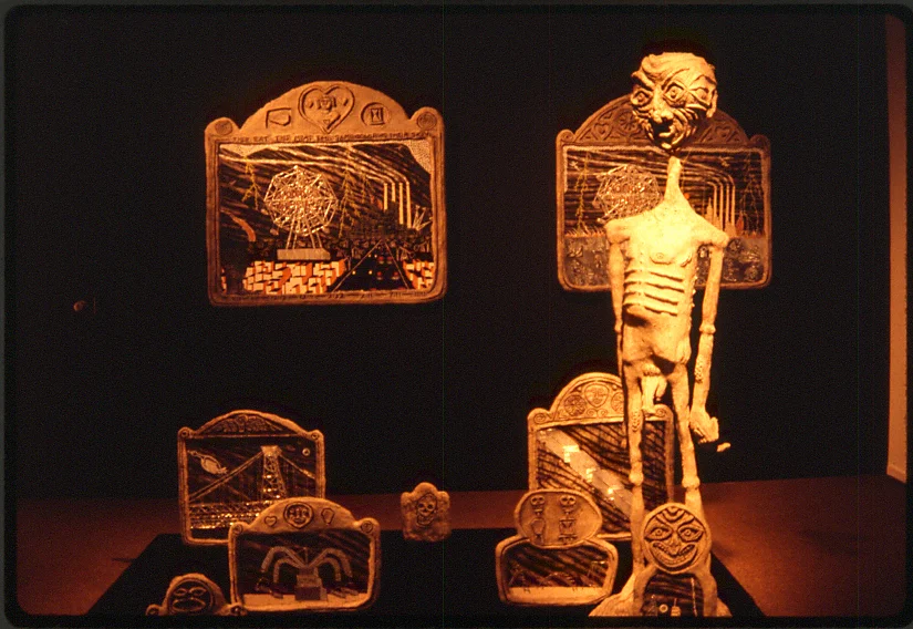 Pieces on the floor were configured to suggest a cemetery. All pieces can also be wall hung.