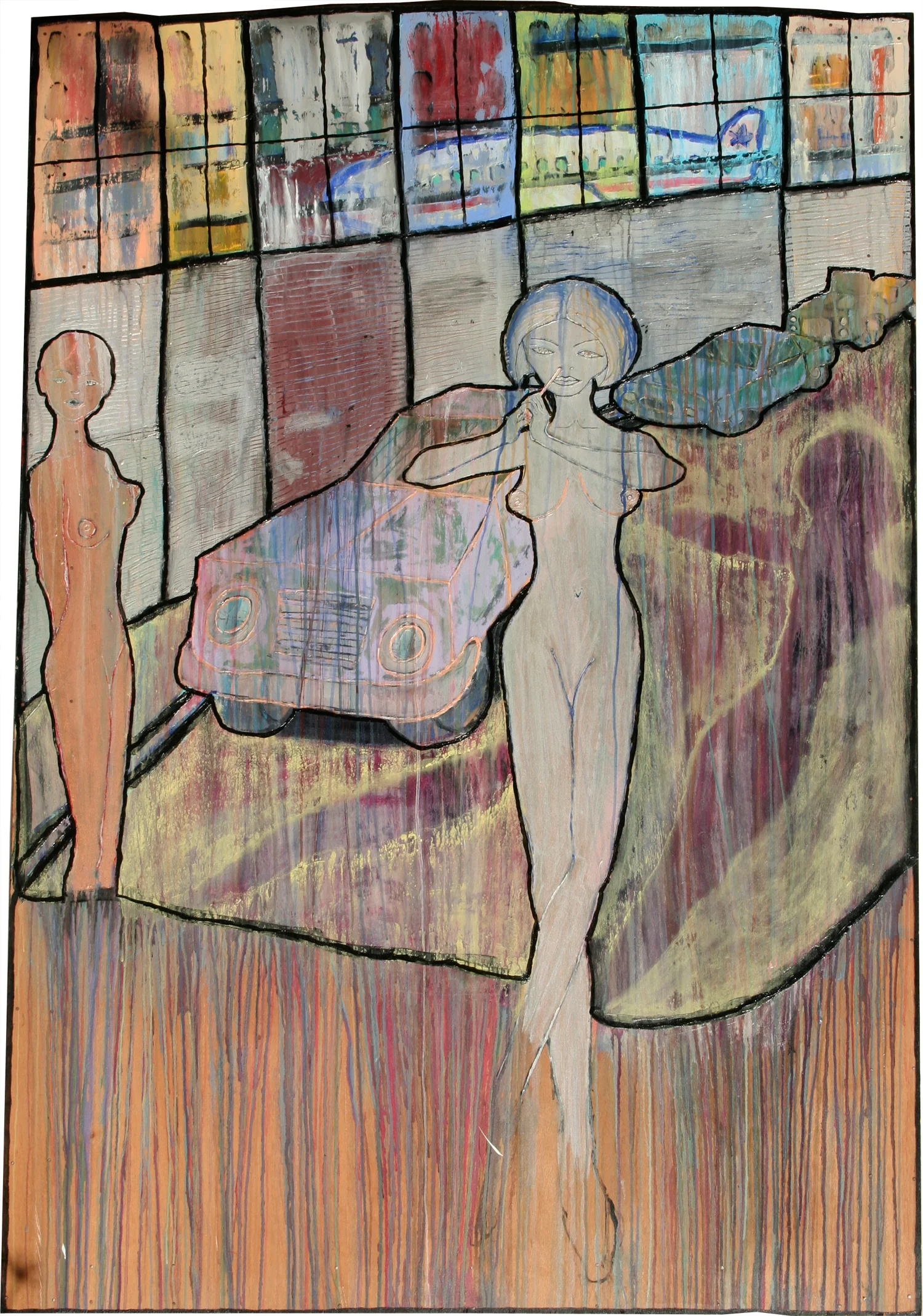 "Pied-piper (airport parking structure)", 68" x 48", acrylic on wood, ©1996