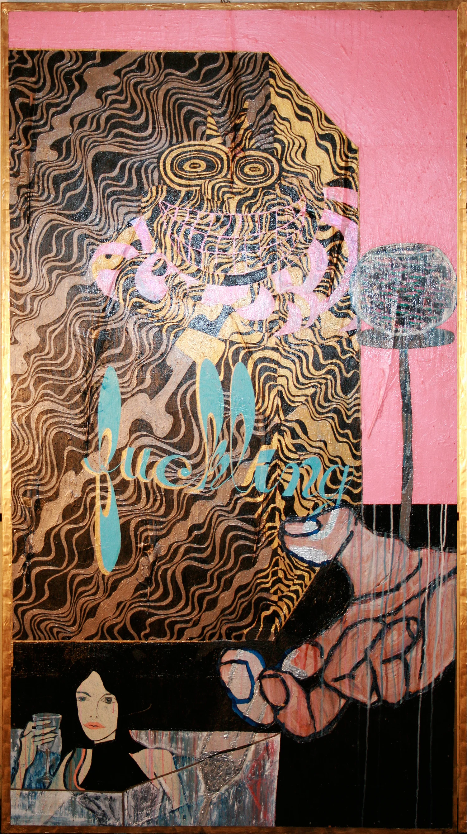 'fuckling' ©1998, acrylic, pheasant feathers, charcoal on wood, 48" x 67".