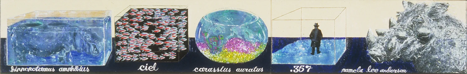 "LAB B @ 4 a.m. (tanks)," 68" x 11", acrylic, gravel, graphite on wood, ©1996