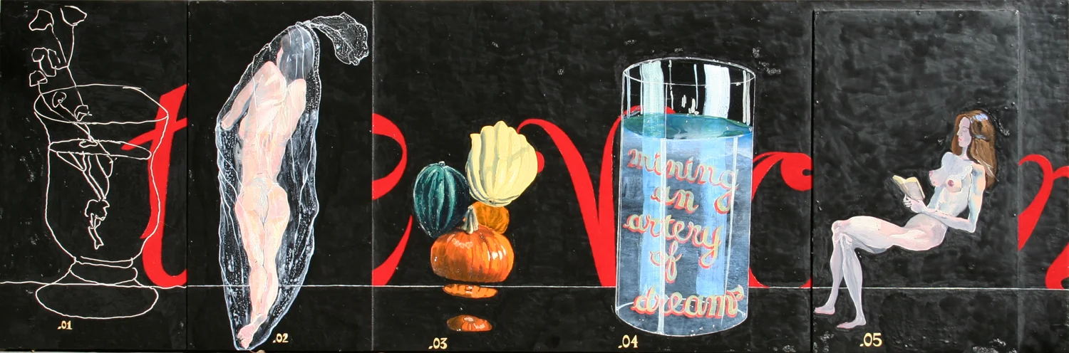 "mining an artery of dreams" 23.3" x 69", oil, enamel, acrylic on wood, ©2002