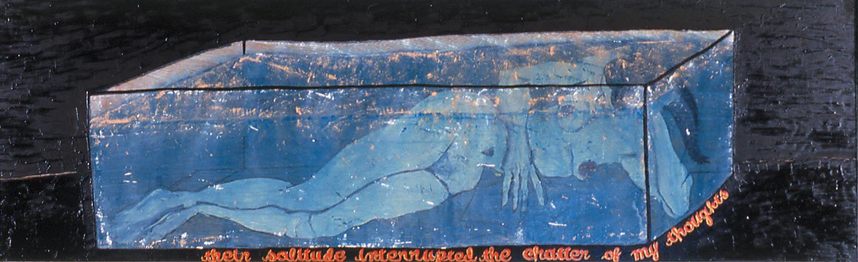 "their solitude interrupted the chatter of my thoughts," 7'2" x 30.5", oil, acryclic, charcoal on wood, ©1999