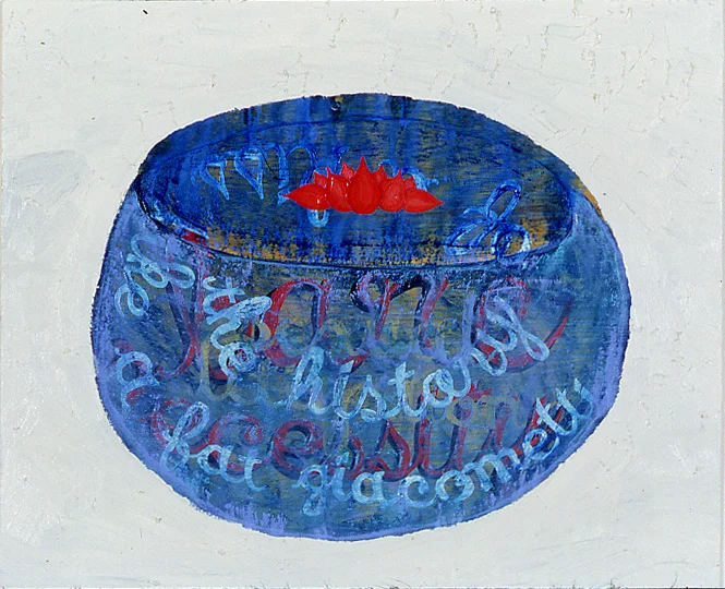 "The History of a Kiss Like a Fat Giacometti," 21.5" x 25.5", acrylic and oil, on wood, ©1999
