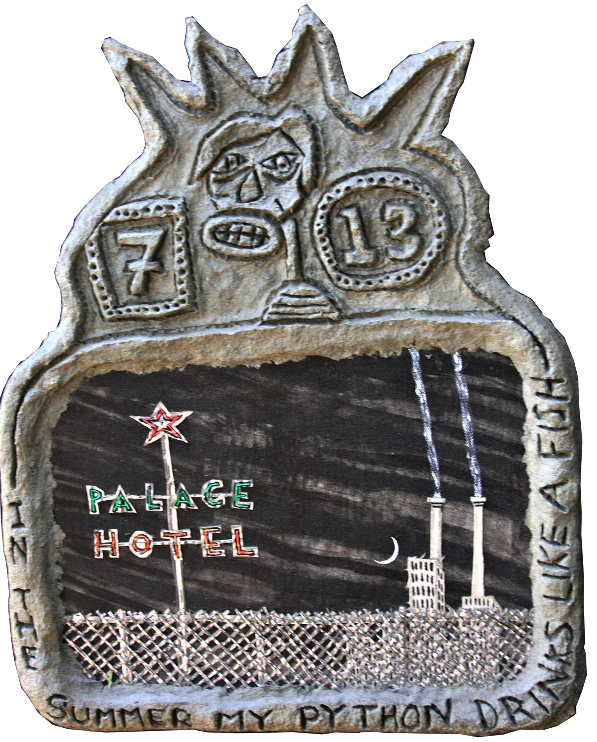 'palace hotel (in the summer my python drinks like a fish)', corrugated aluminum, acrylic, celluclay on wood, 18" x 23" ©1987