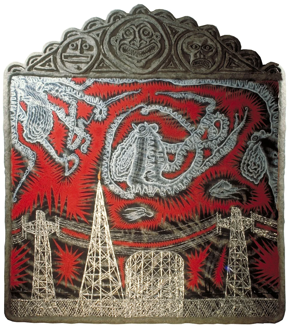 "Cling," 76" x 69", acrylic, aluminum, celluclay on wood ©1990-93