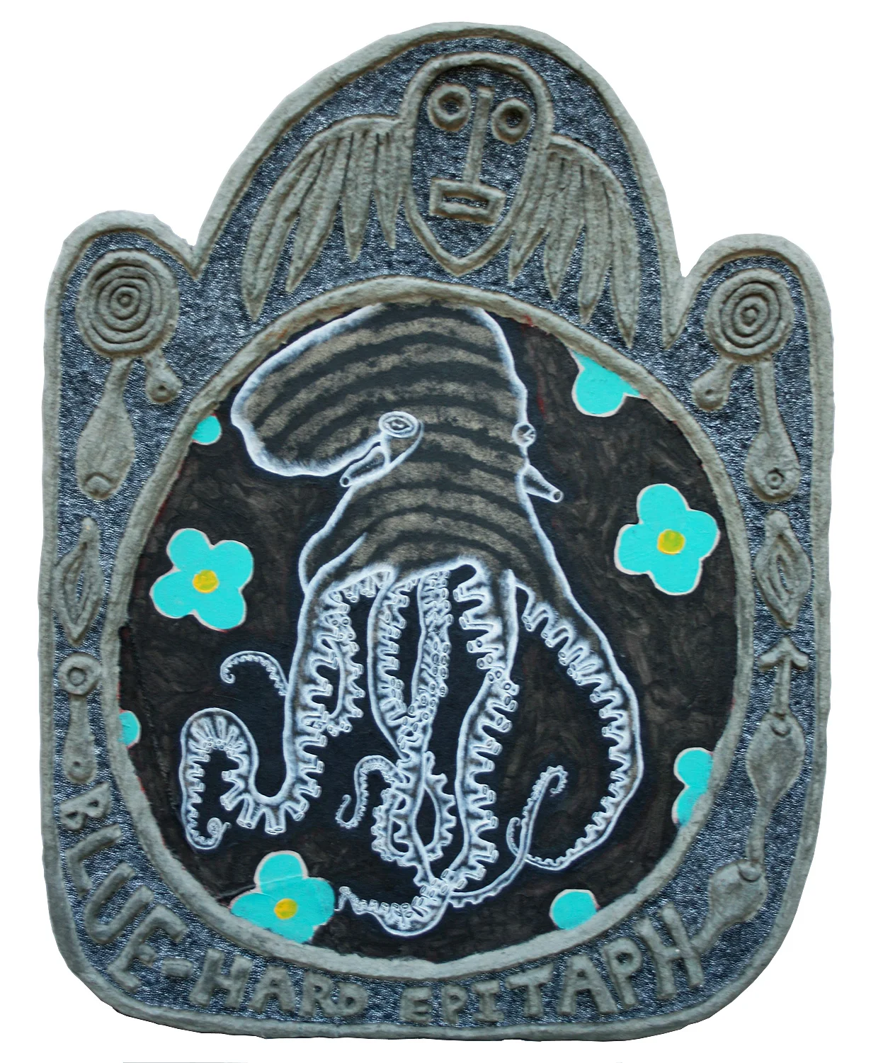 'blue' ©1988-90, acrylic, aluminum, celluclay on wood, 37" x 28".