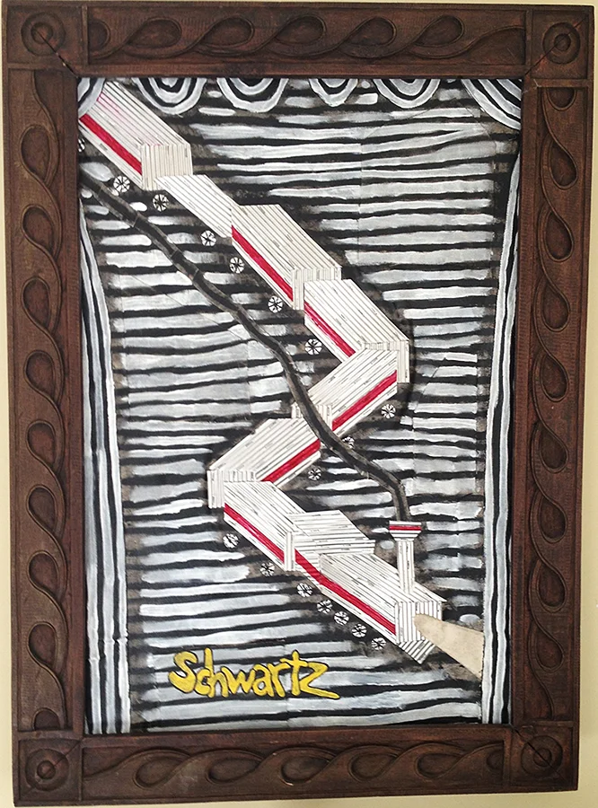 "Schwartz Train", acrylic, aluminum, patched canvas, & wood ©1986-2013