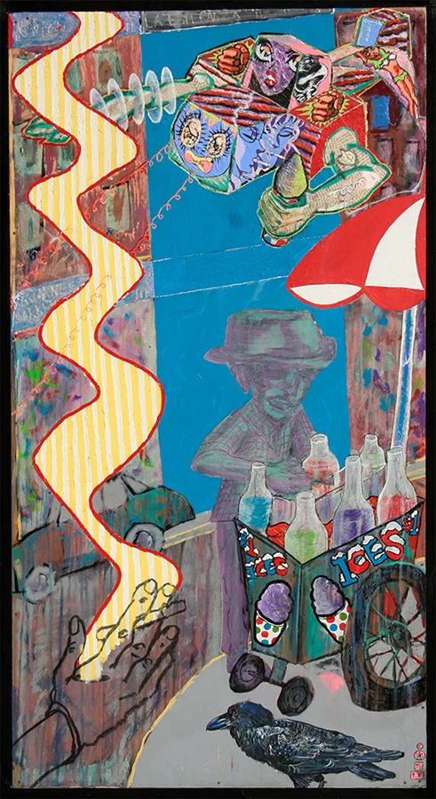 'Ices (La Esperanza)', 44.5" x 22.5", acrylic, charcoal, collaged text and grahite on wood ©1996