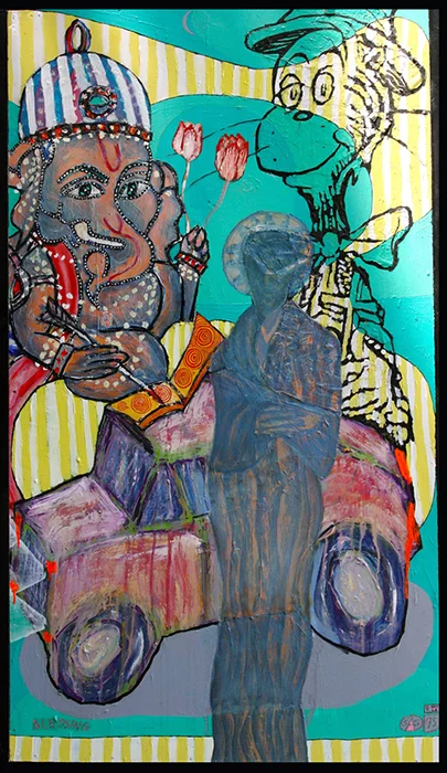 'blessing' ©1995, 44" x 25.5", acrylic, collaged text, oil pastel on wood.