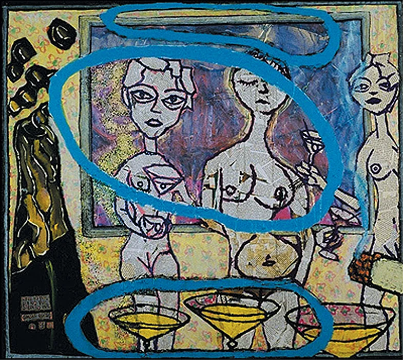"Smokerings," 38" x 48", acrylic, collaged text, fishtank gravel on wood, ©1995