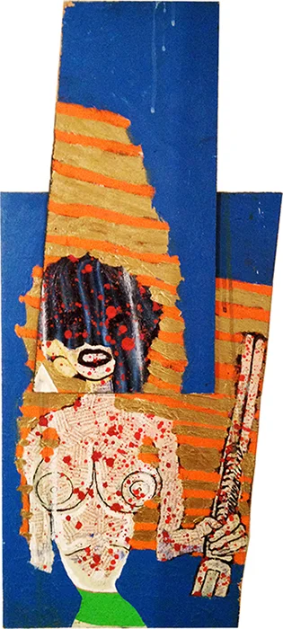 'twisted sister' ©1996, oil, collaged text on wood, 29" x 13".