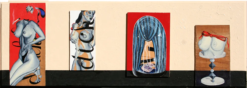 'objects as women' ©1997, 25 1/2" x 65", acrylic on wood.