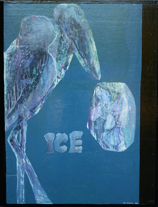'iced fan with iced marabou' ©1996, acrylic and graphite on wood, 38 1/2" x 29 1/2"