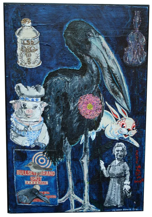 'dance with the one you brought' ©1997, acrylic, shotgun shot bag on wood, 27 1/2 " x 18 1/2"