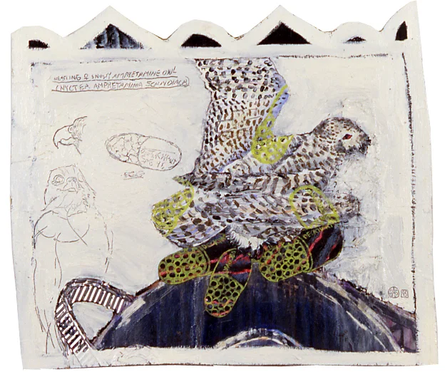 "Nesting Snowy Amphetamine Owl", approx. 22" x 18", acrylic, aluminum, patched canvas and oil on wood, ©1995