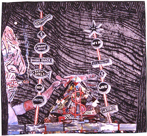 'garbage pail blues', © 1986, patched canvas, acrylic, collage, corrugated aluminum on canvas, 53" x 59"