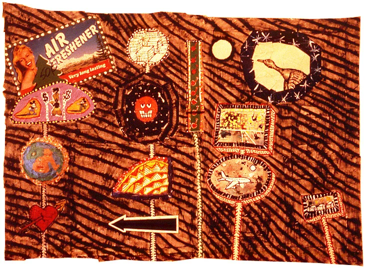 'air freshener', ©1986, patched canvas, collage, celluclay, corrugated aluminum, on canvas,