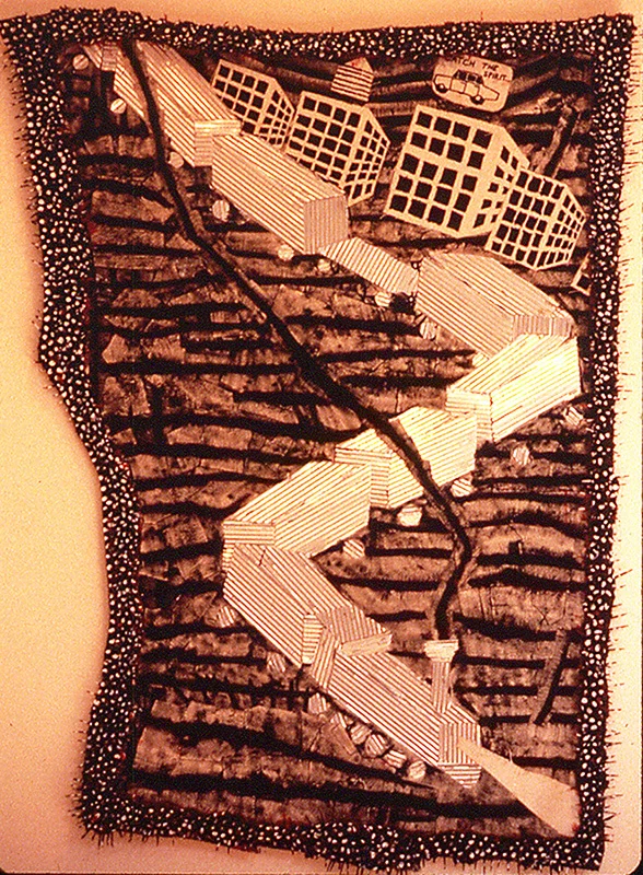 'mystery train' ©1986, patched canvas, corrugated aluminum, acrylic, toothpicks, celluclay on wood, approx. 40" x 23"