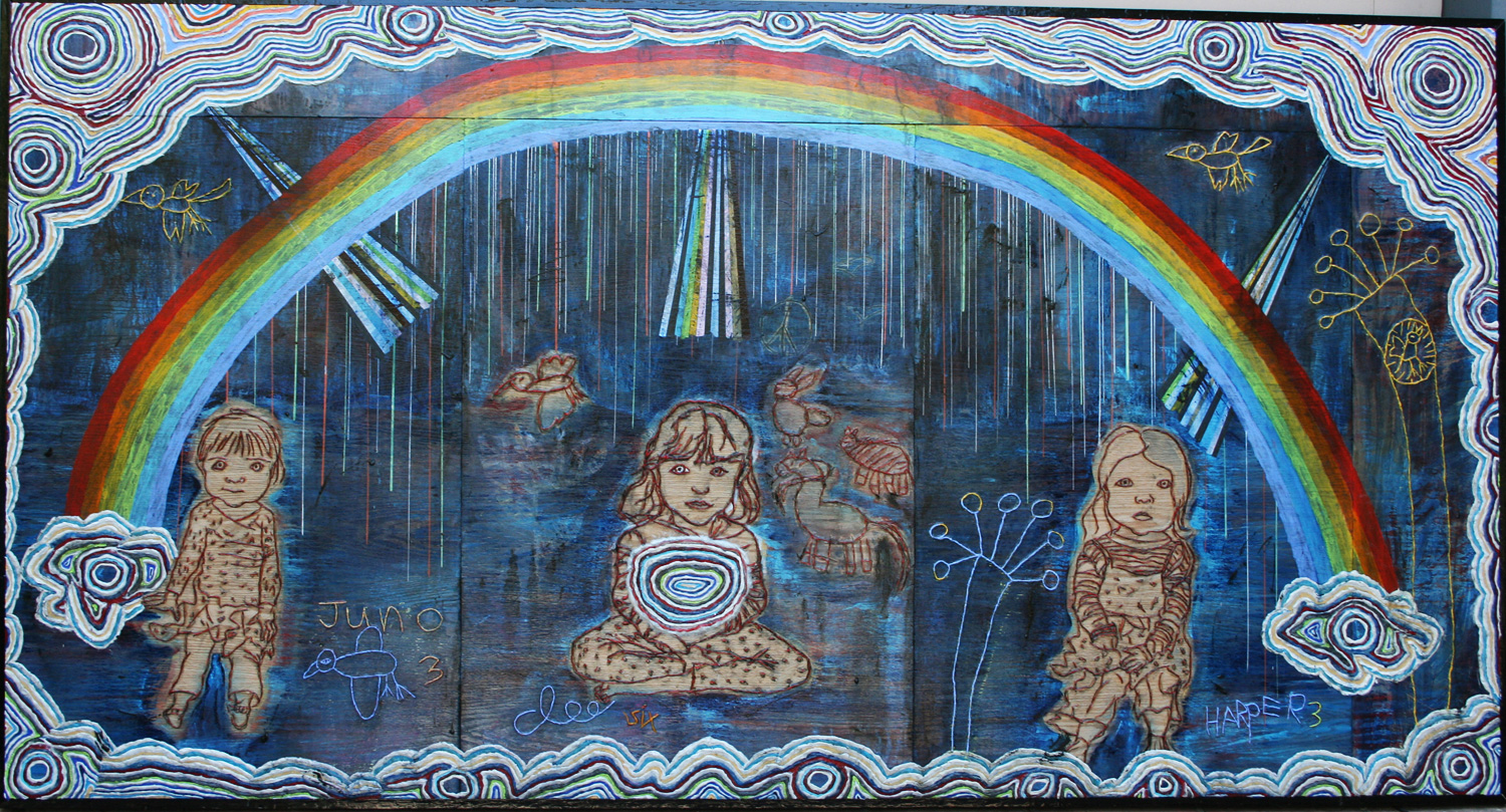 'rainbow fairies (levitate)', 57 1/2" x 109", gels, acrylic, modeling paste, charcoal on wood ©2012, by steve sas schwartz
