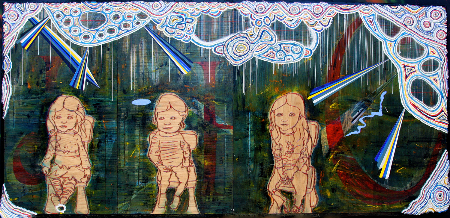 'trio (JHC)', 47 1/2" x 99 1/2", gels, modeling paste, acrylic, charcoal on wood ©2012, by steve sas schwartz