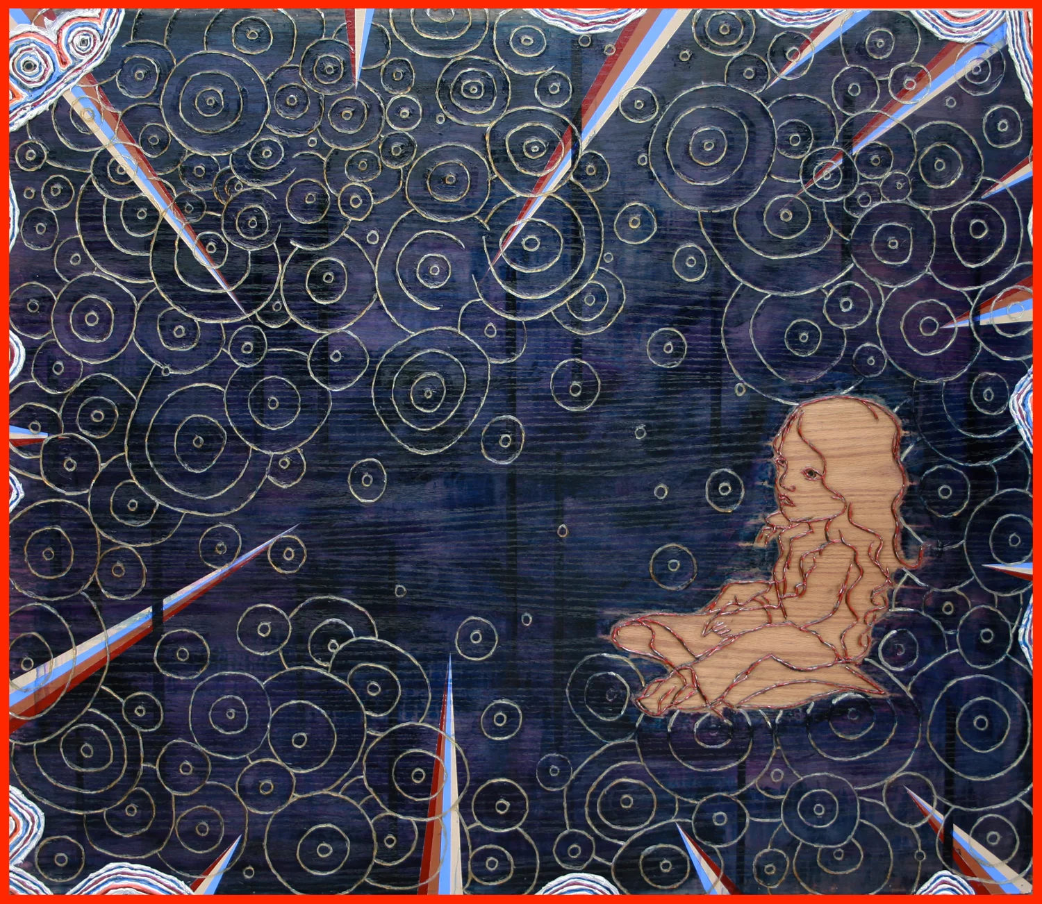'magic carpet', 49 1/2" x 57 1/2", gels, modeling paste, charcoal, acrylic on wood ©2010, by steve sas schwartz