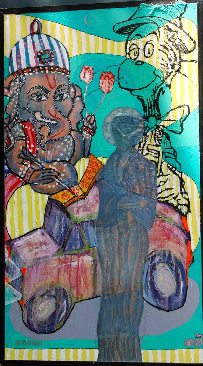 'blessing' ©1995, 44" x 25.5", acrylic, collaged text, oil pastel on wood.