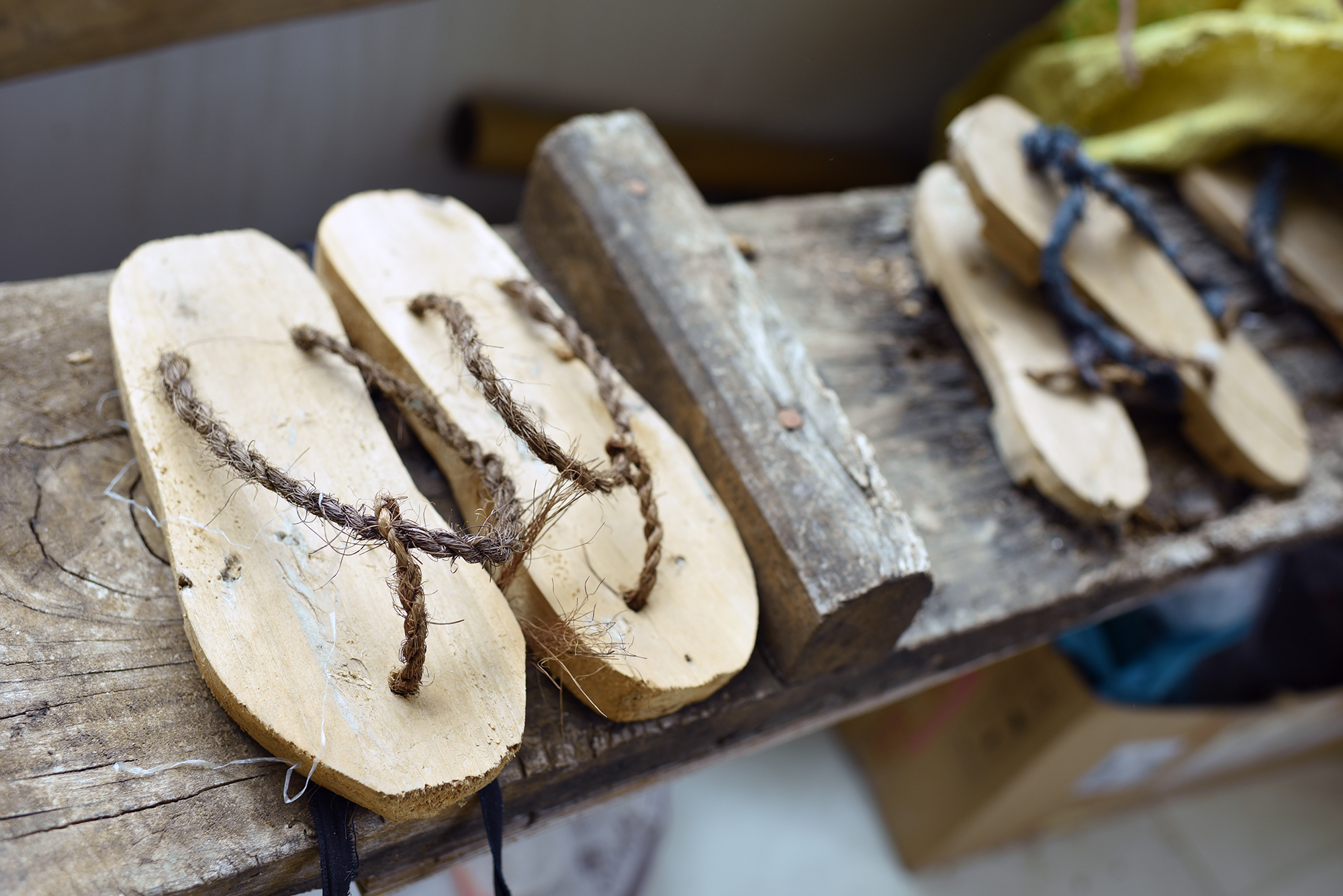  Wooden sandals favored by men involved in intangible cultural heritage musical activities in Yunnan,&nbsp;on display in a small museum in Dayangjie town, 2017. 