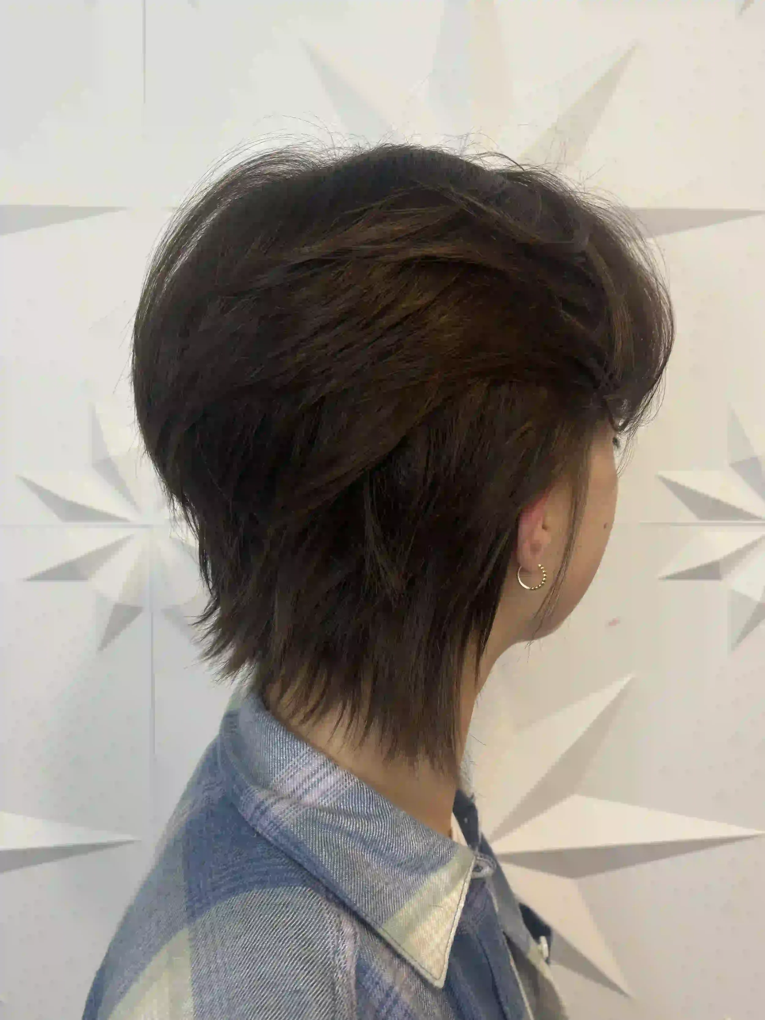 Textured short brunette shag with mullet-inspired layers and volume, styled by Alpin at Chroma Salon Queen Anne Seattle for an edgy, modern look.