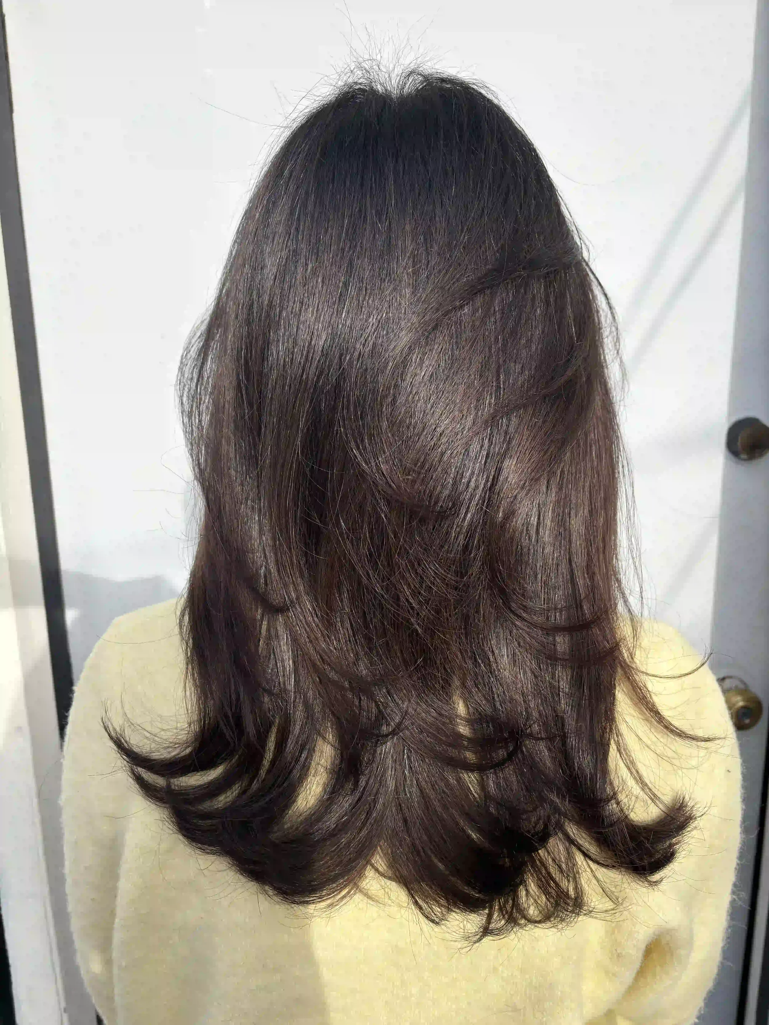 Long layered dark brunette hair with a smooth blowout and flipped ends for movement, styled by Alpin at Chroma Salon Queen Anne Seattle for a soft, polished finish.