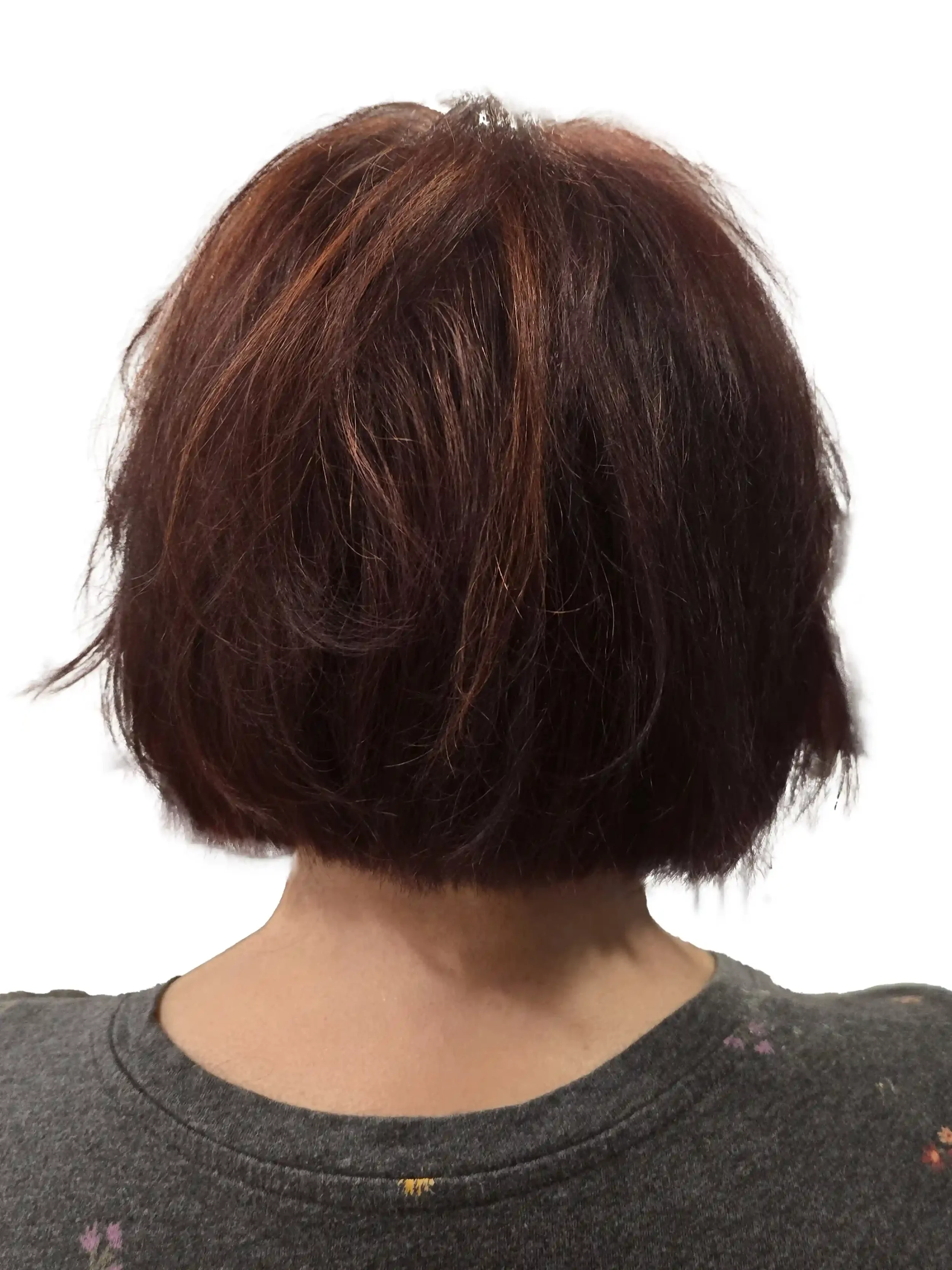 Textured auburn bob featuring rich red-brown dimension with subtle copper highlights woven throughout. Soft internal layering creates movement and body while maintaining a strong bob silhouette. The warm, multidimensional color adds depth and shine, 