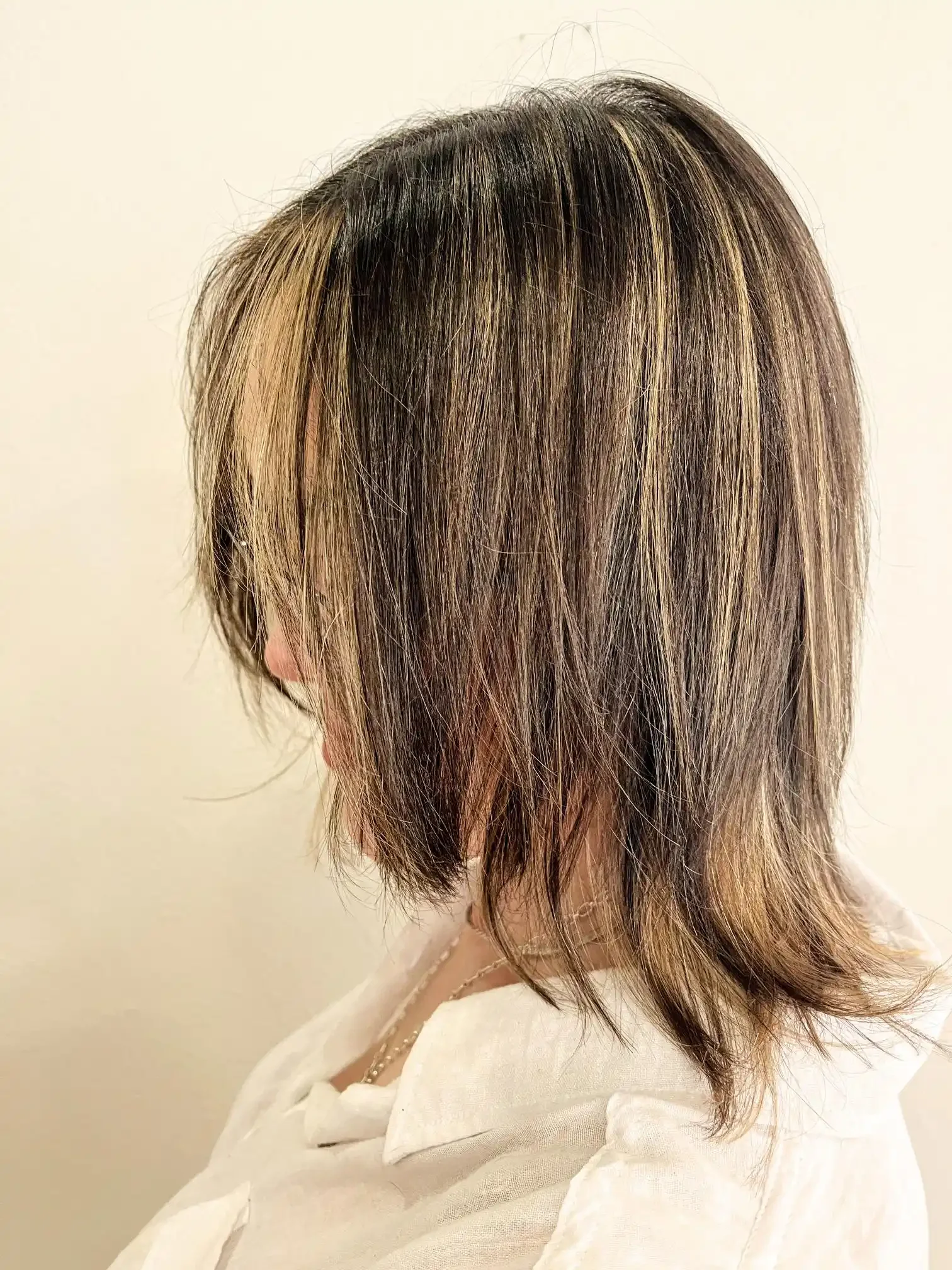 Edgy brunette wolf cut with bold blonde money-piece highlights and dimensional ribboning throughout. Soft shag layering and flipped ends create movement and texture while the high-contrast face frame gives the look a modern alternative feel.