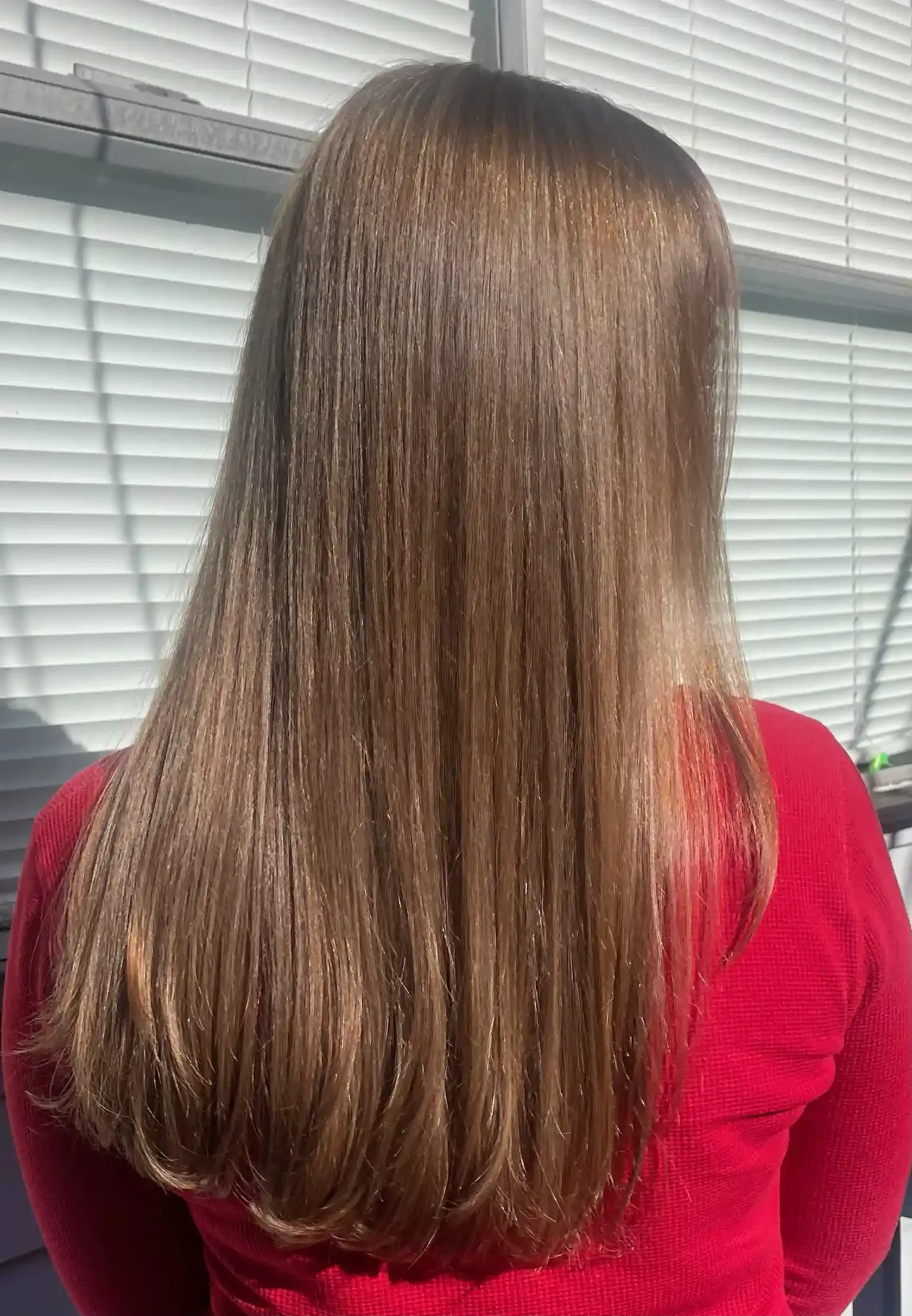 Rich chestnut brown hair color with soft caramel undertones and luminous shine. This glossy, dimensional brunette features a seamless all-over color refresh, silky smooth finish, and long layers that enhance movement while maintaining healthy-looking