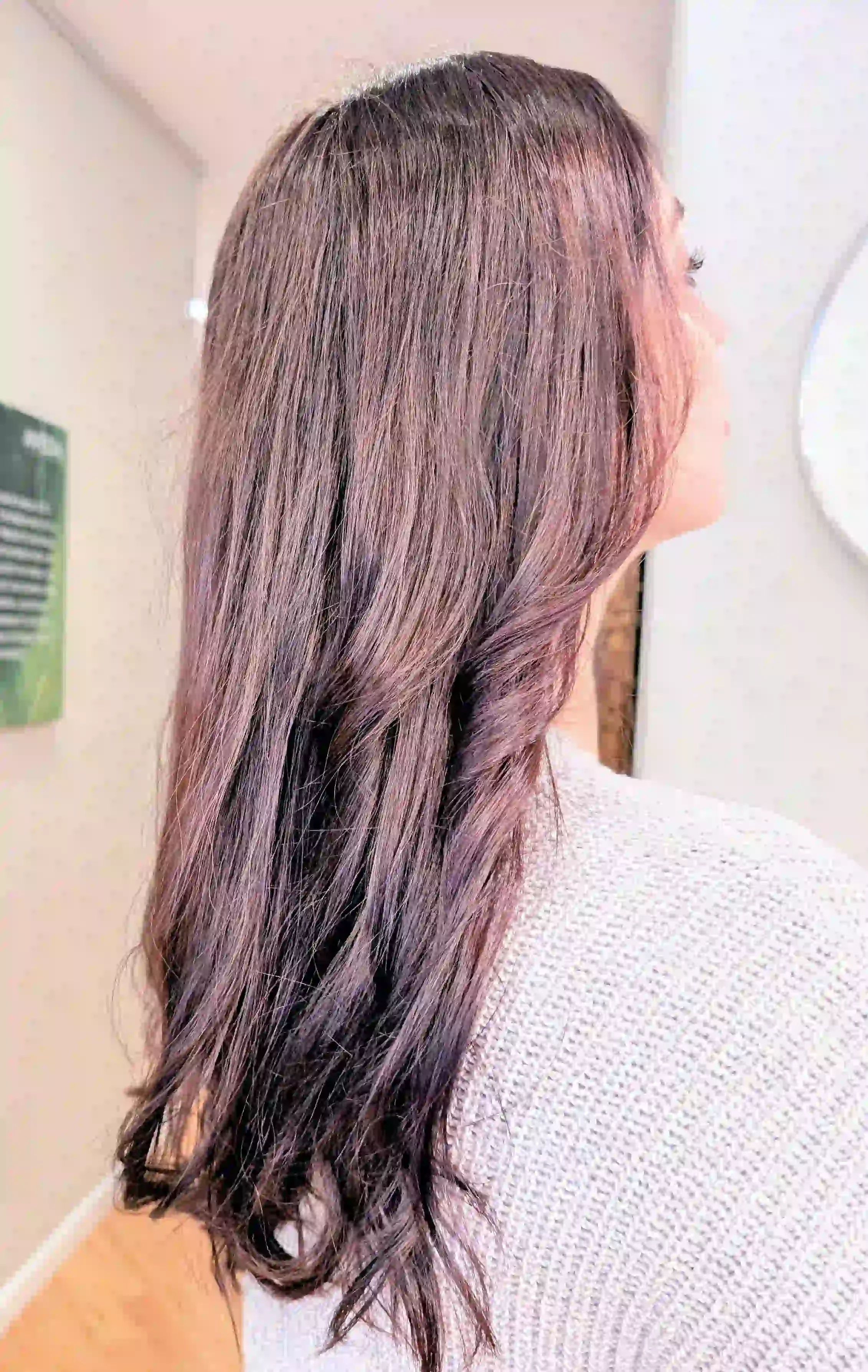 Deep mahogany brunette hair with soft long layers and subtle shine, styled by Christina at Chroma Salon Edmonds Seattle.