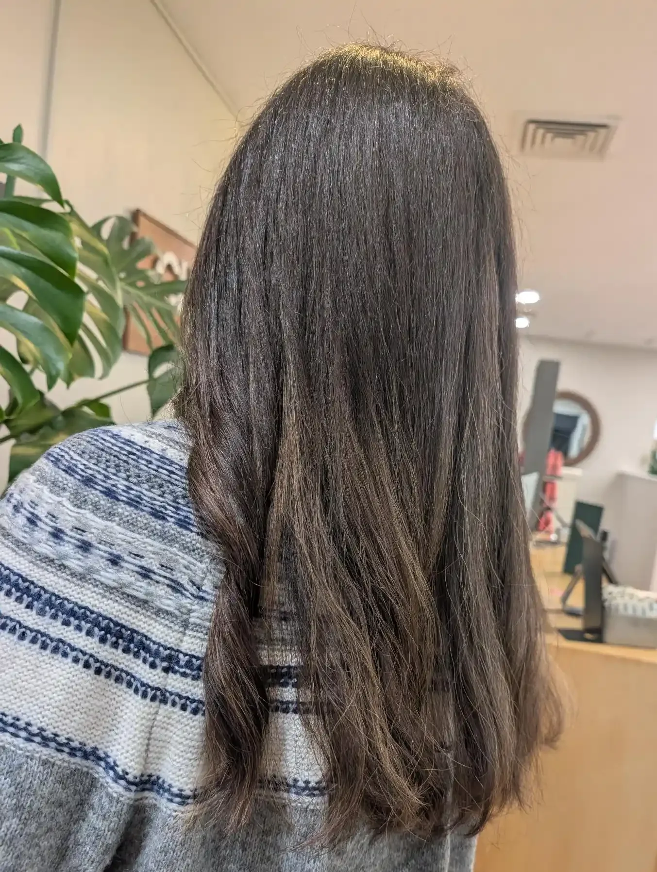 Long dark brunette hair with soft layers and subtle dimensional highlights, styled by Christina at Chroma Salon Edmonds