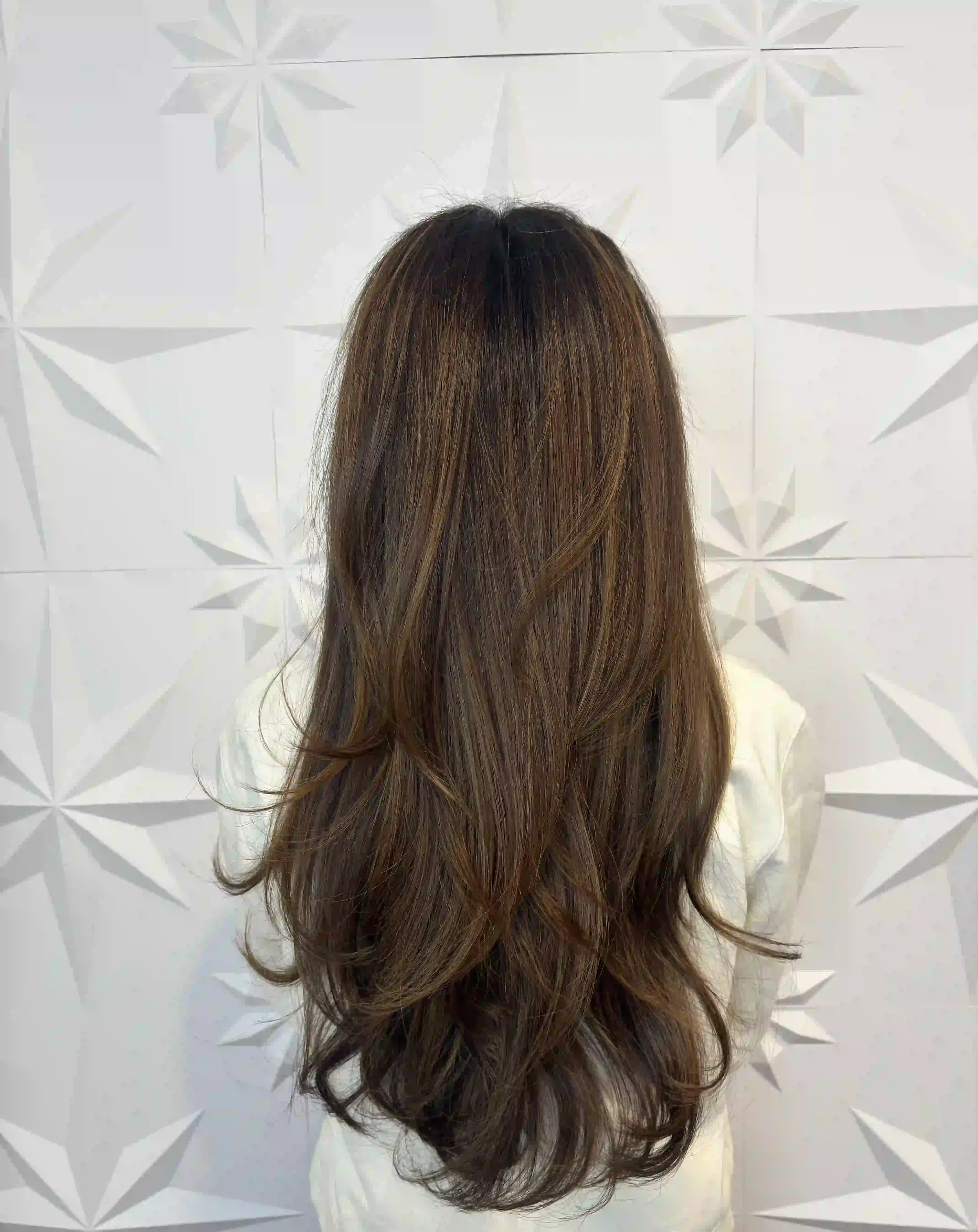 Long brunette hair with soft layers, face-framing movement, and a smooth blowout finish, styled by Alpin at Chroma Salon Queen Anne Seattle.