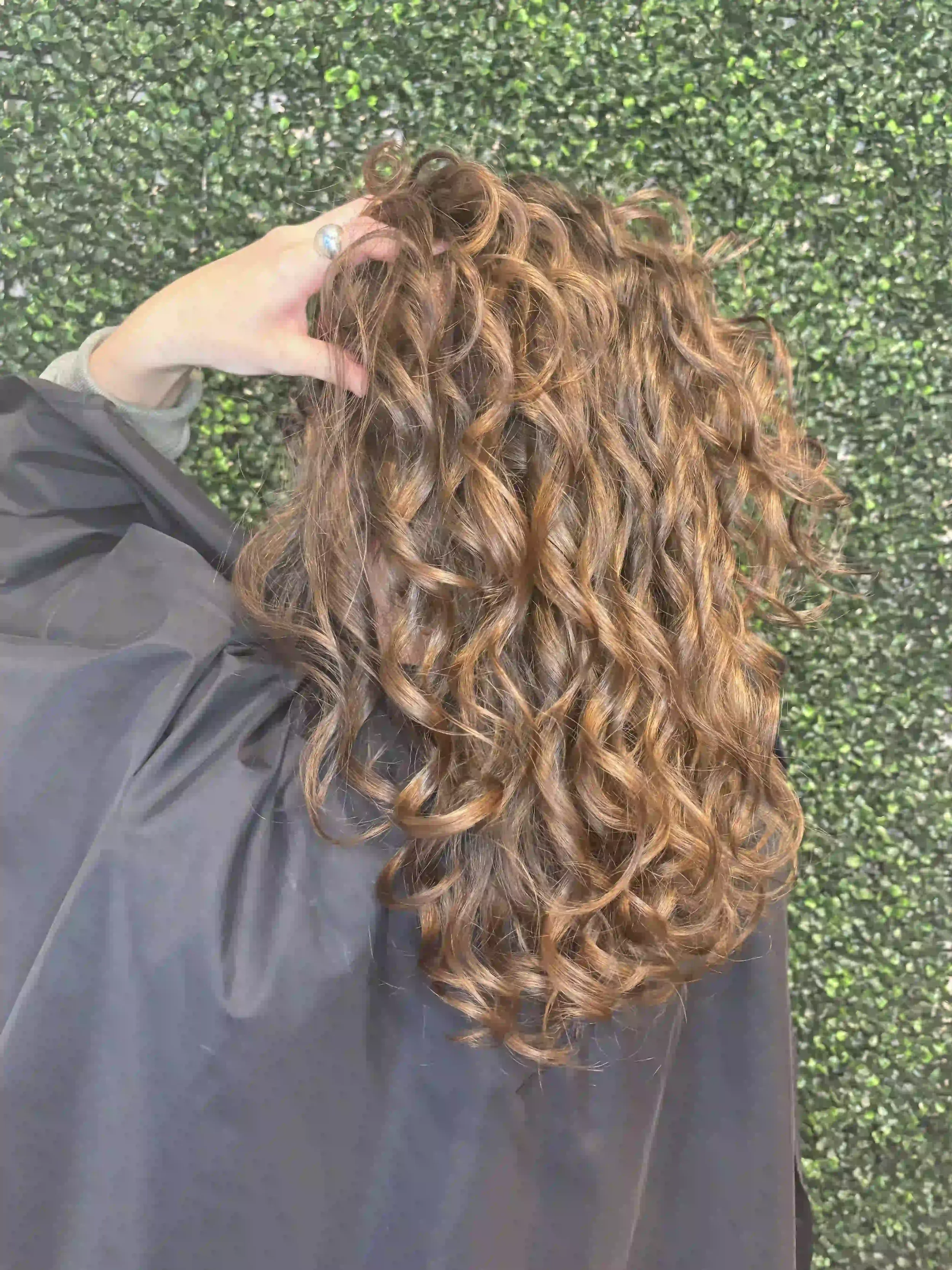 Curly brunette balayage with warm caramel highlights and defined natural curls, created by Alpin at Chroma Salon Seattle for dimensional, low-maintenance color.