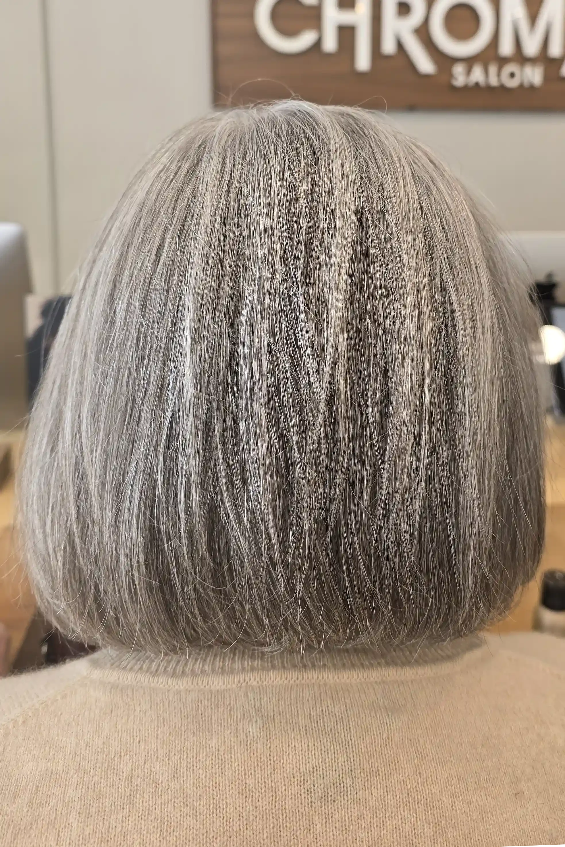 Silver-gray blended bob featuring a seamless transition between natural gray and cool ash tones for a polished, low-maintenance finish. The precision haircut creates a clean, rounded shape that enhances shine, movement, and the natural dimension of g