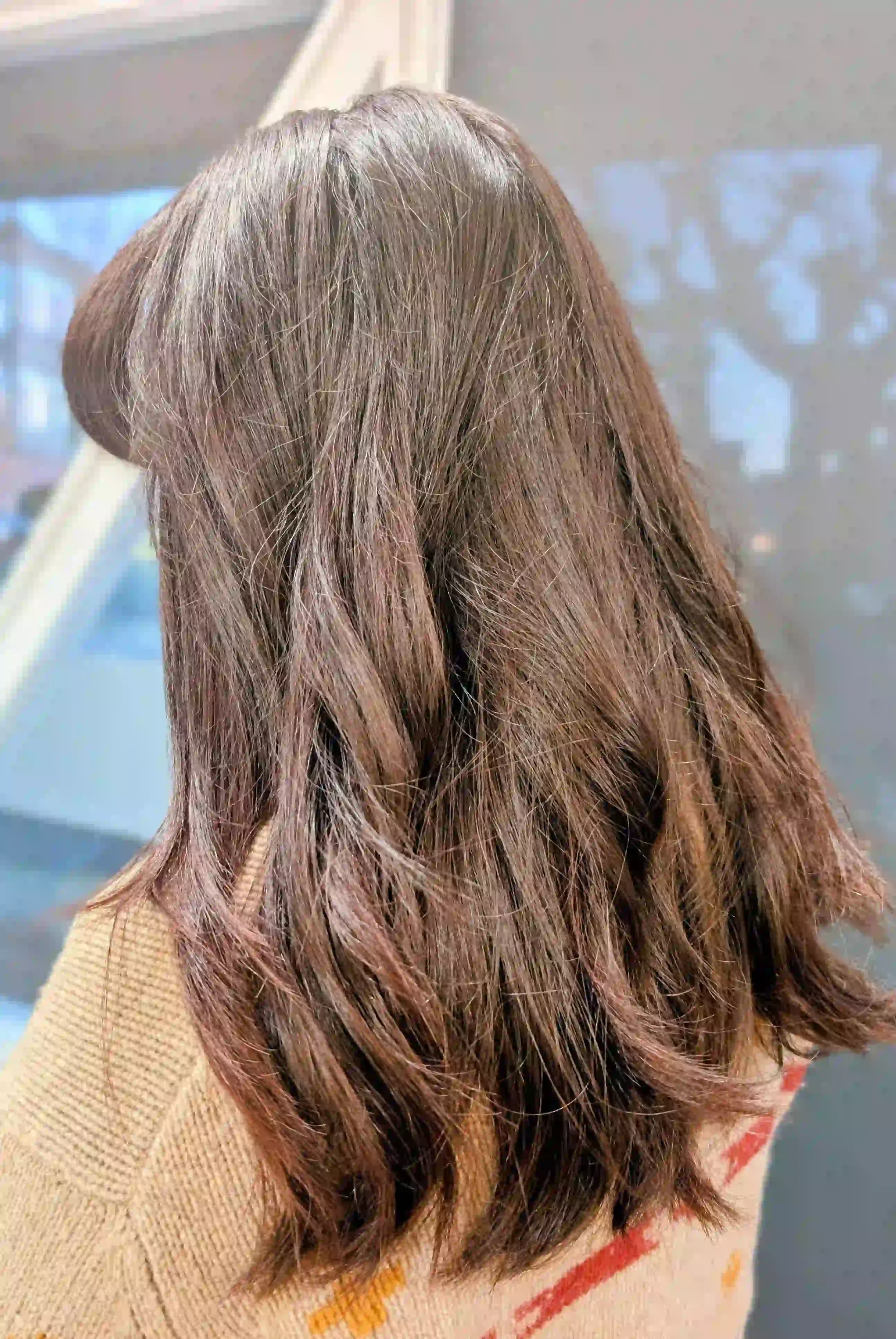 Medium chocolate brunette hair with soft layered movement and subtle shine, styled by Christina at Chroma Salon Edmonds Seattle.