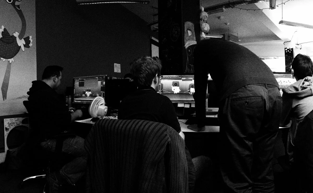 Scott, Rufus, Animation director Phil, Tom and Alex out of shot.