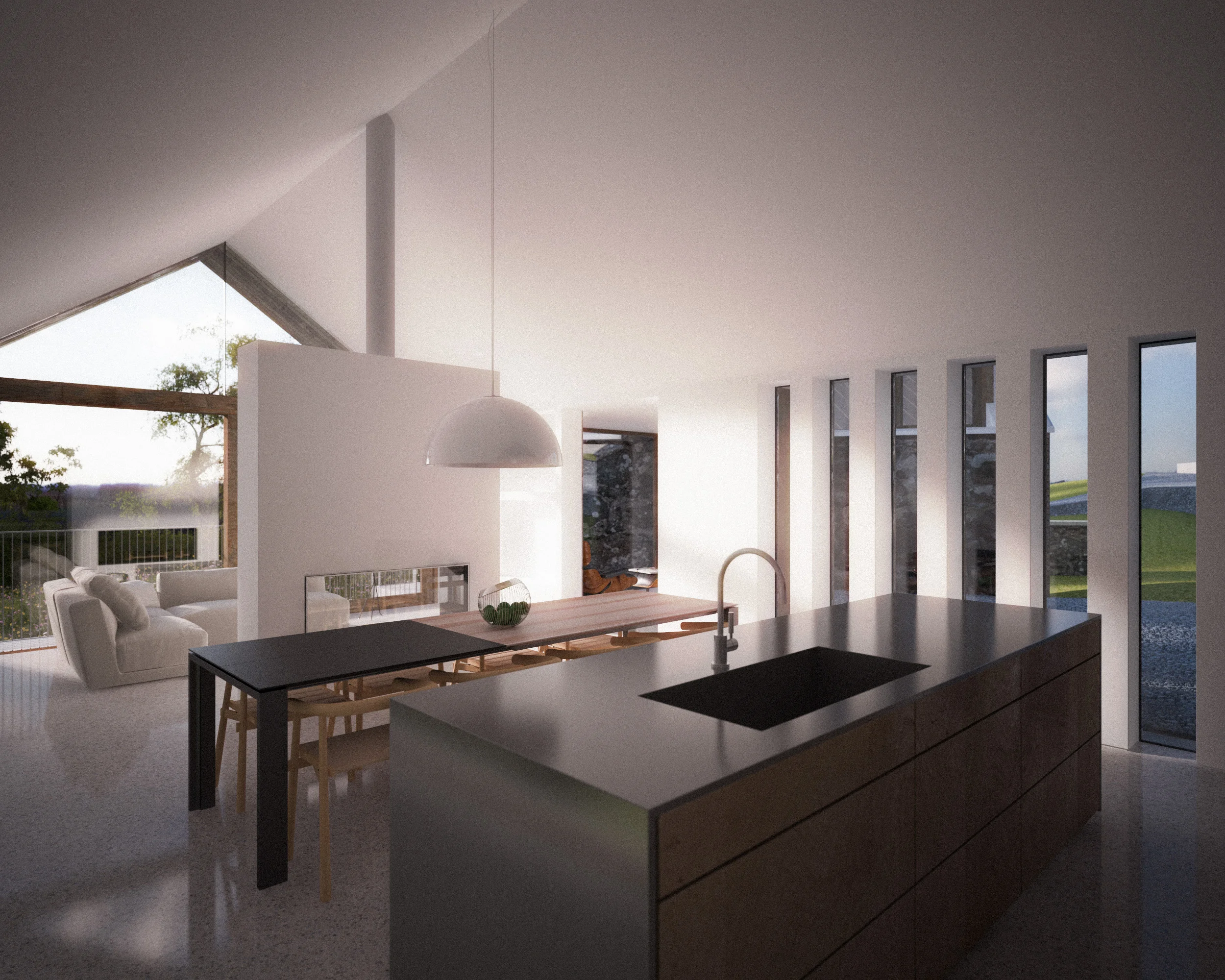 kitchen, dining and living space