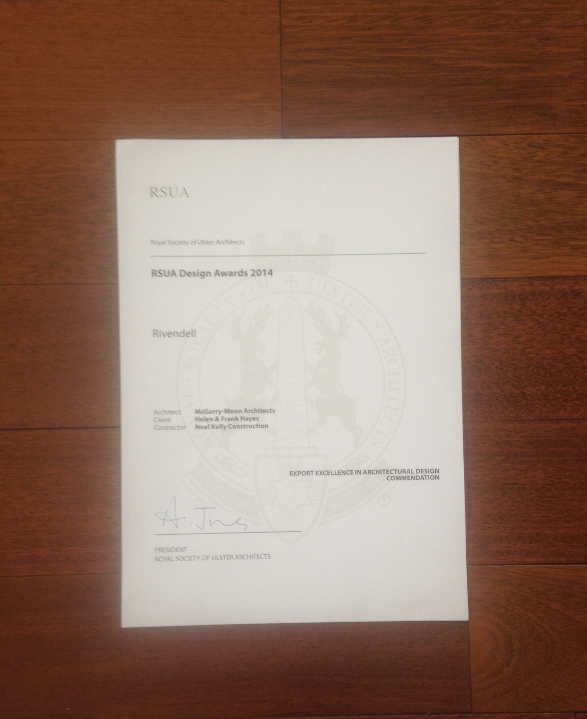 RSUA Design Award Certificate