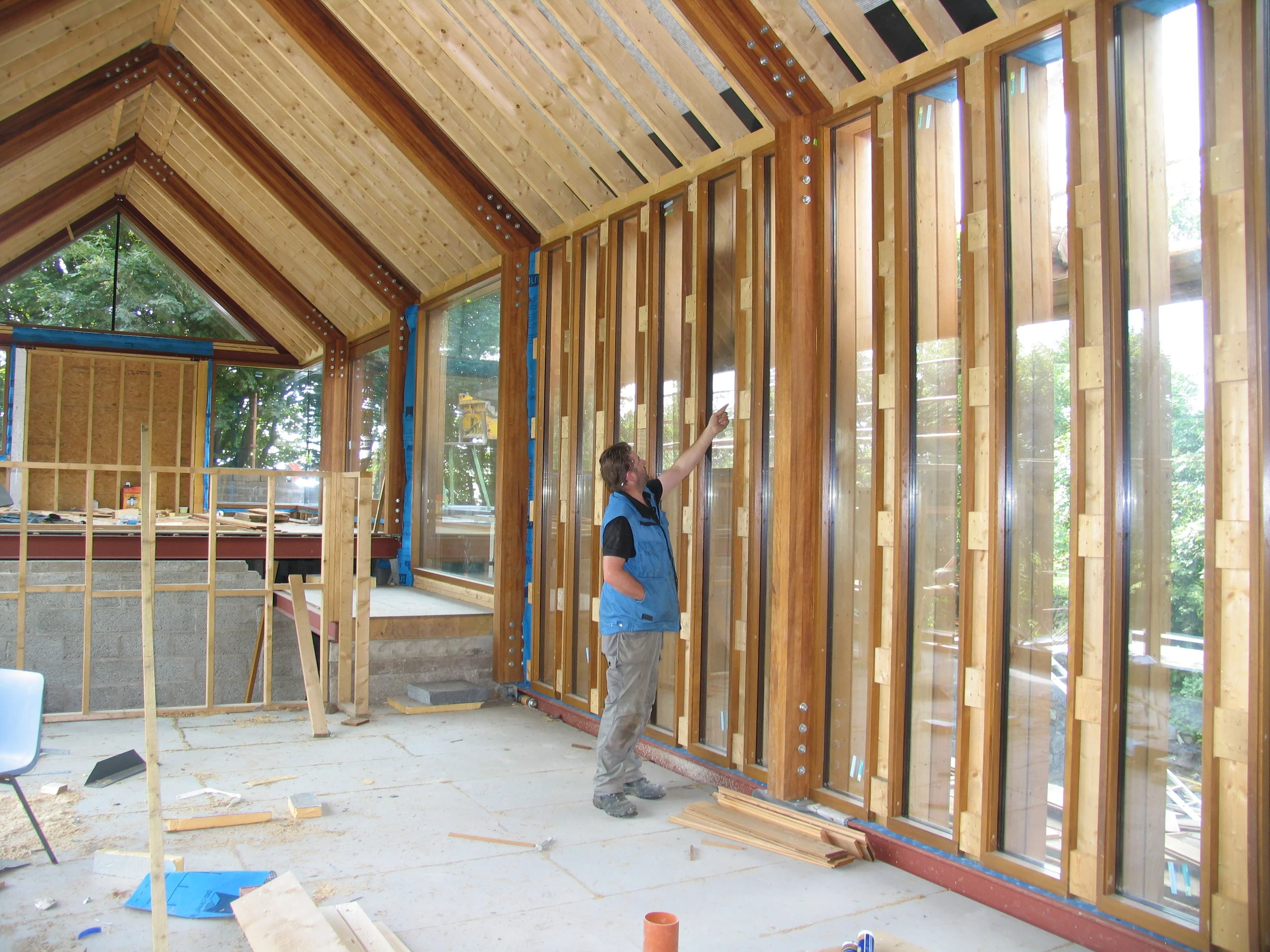 glulams & louvres now ready for airtightness, insulation and first fixing