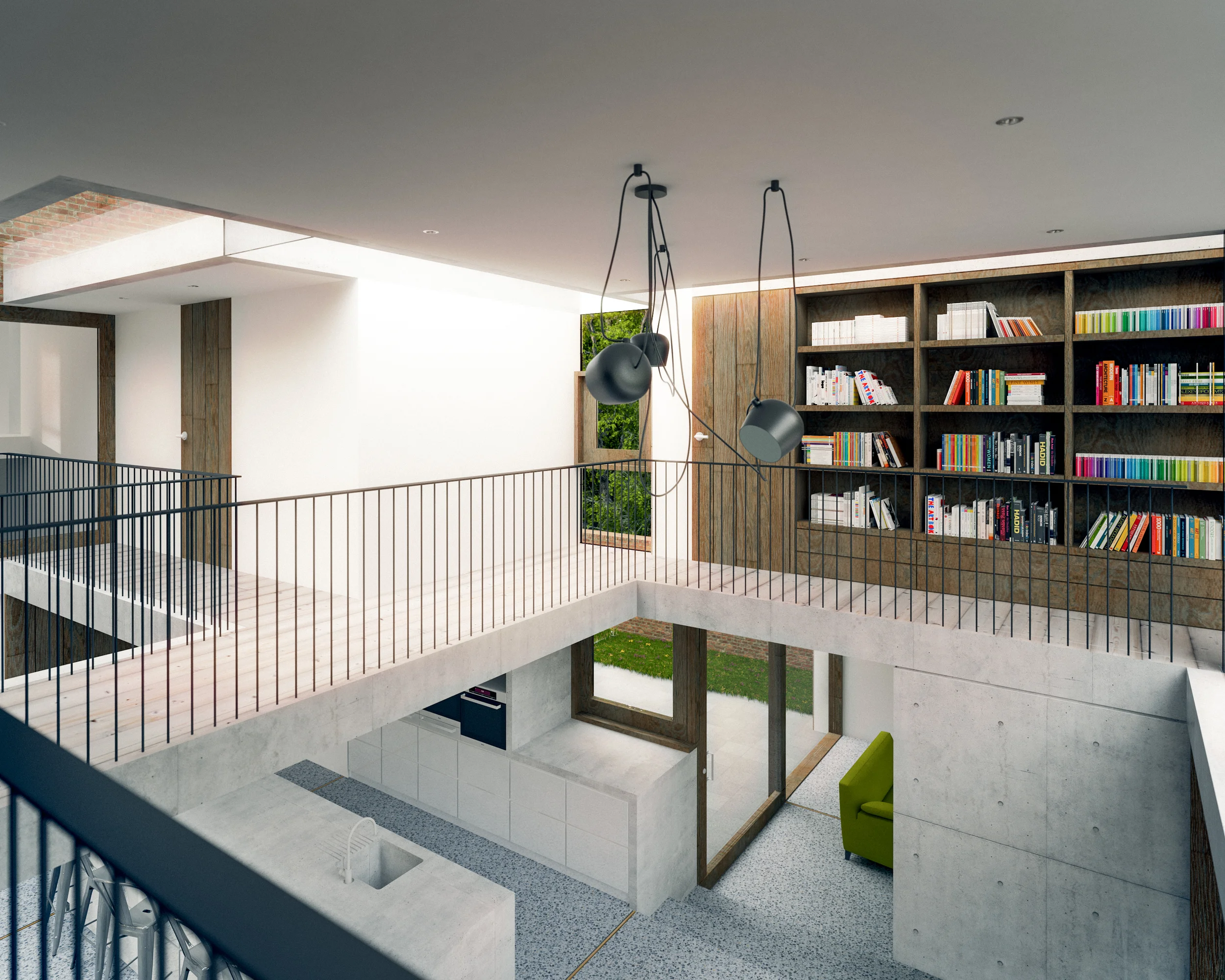 view from bedroom over void and library space
