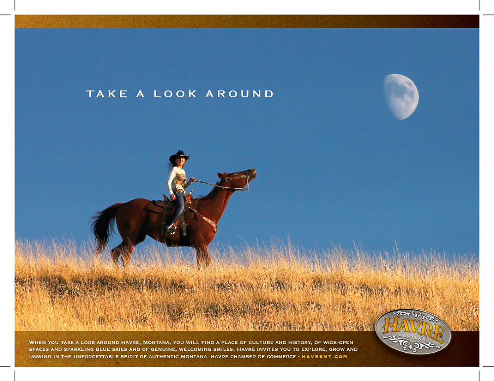 A photo of a Havre, Montana area cowgirl graces this ad for this promotional ad for the Havre Chamber of Commerce.&nbsp;→ Buy a Print
