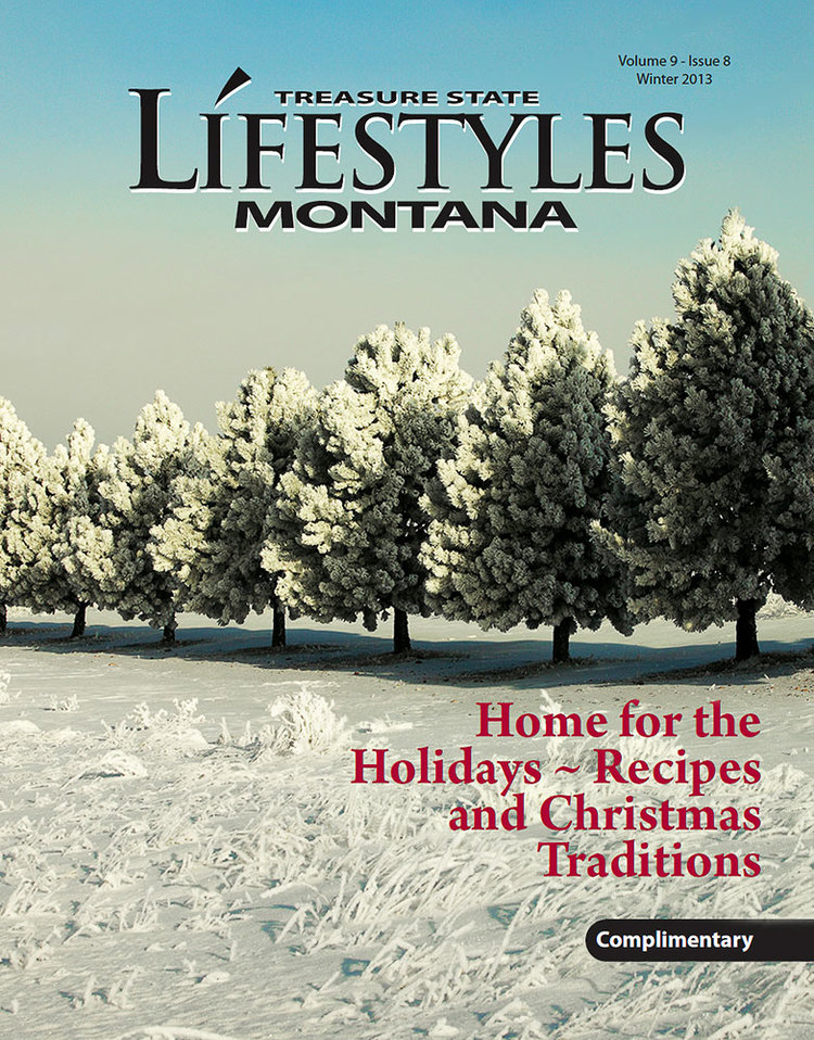 A row of pine trees covered with hoarfrost outside of Havre, Montana on the cover of Montana Lifestyles Magazine. → Buy a Print