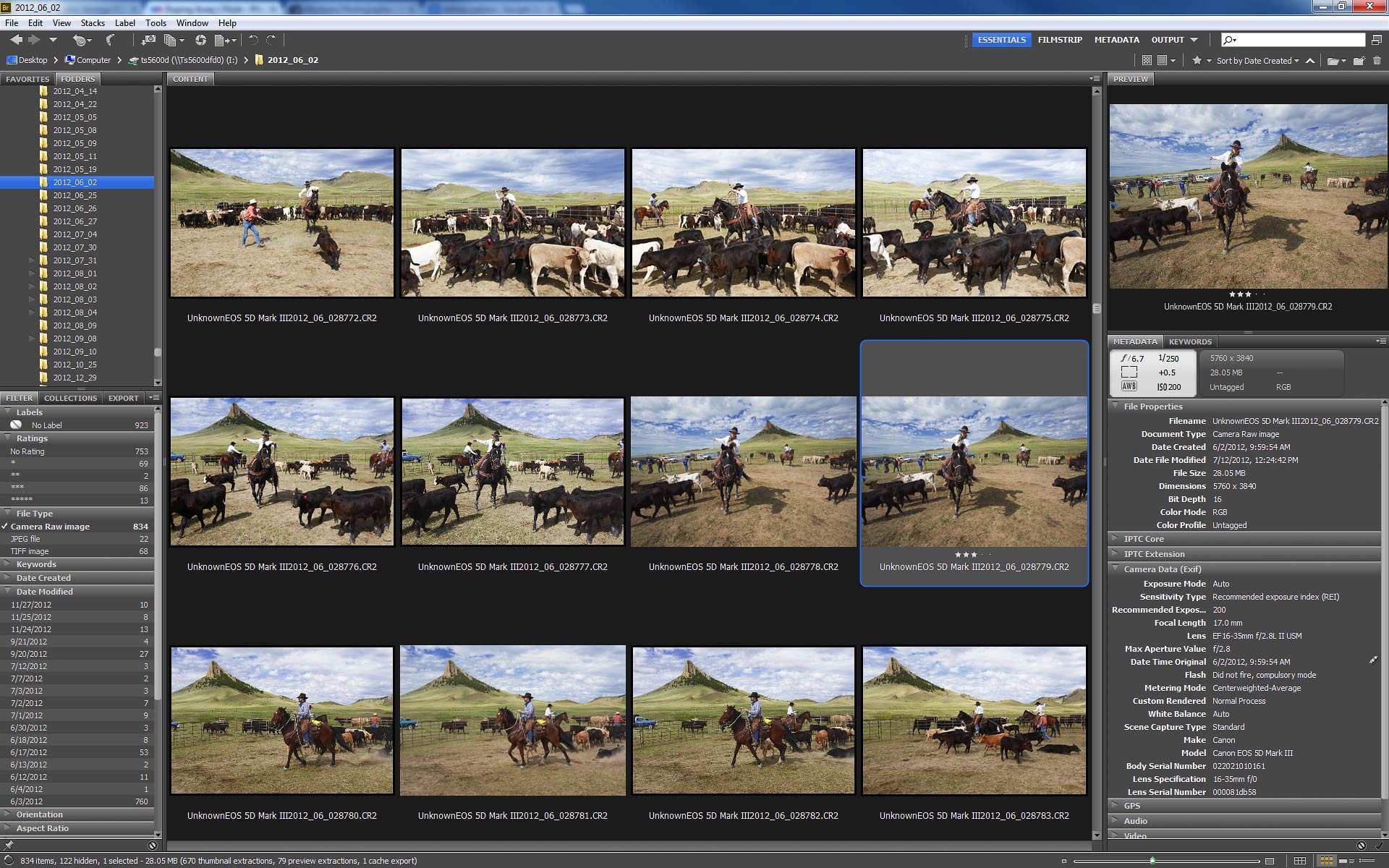 Adobe Bridge, which shows the shots before and after the photo "Roping Away."