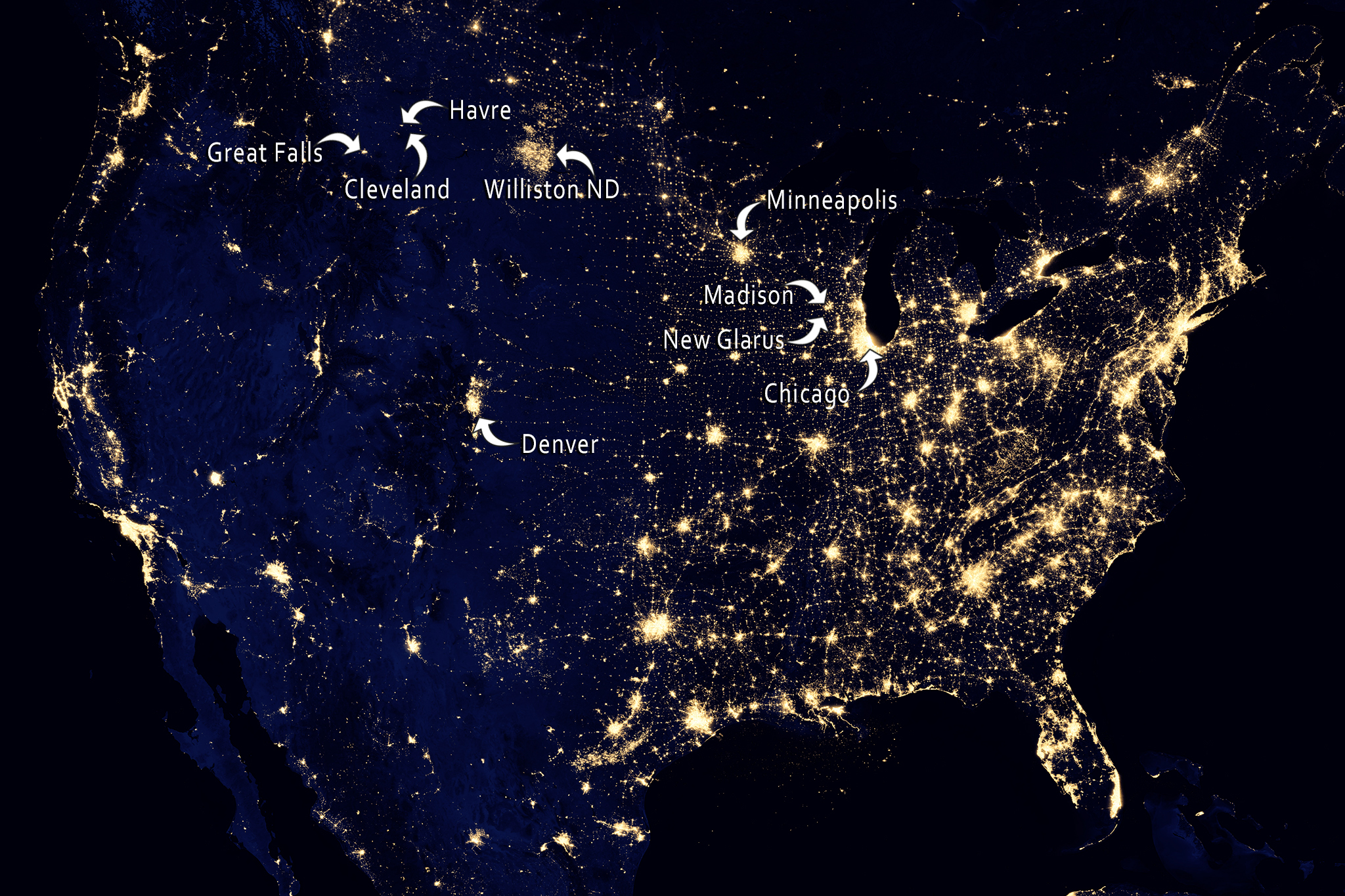 NASA image acquired April 18 - October 23, 2012
This image of the United States of America at night is a composite assembled from data acquired by the Suomi NPP satellite in April and October 2012. The image was made possible by the new satellite’s “day-night band” of the Visible Infrared Imaging Radiometer Suite (VIIRS), which detects light in a range of wavelengths from green to near-infrared and uses filtering techniques to observe dim signals such as city lights, gas flares, auroras, wildfires, and reflected moonlight.
“Nighttime light is the most interesting data that I’ve had a chance to work with,” says Chris Elvidge, who leads the Earth Observation Group at NOAA’s National Geophysical Data Center. “I’m always amazed at what city light images show us about human activity.” His research group has been approached by scientists seeking to model the distribution of carbon dioxide emissions from fossil fuels and to monitor the activity of commercial fishing fleets. Biologists have examined how urban growth has fragmented animal habitat. Elvidge even learned once of a study of dictatorships in various parts of the world and how nighttime lights had a tendency to expand in the dictator’s hometown or province.
Named for satellite meteorology pioneer Verner Suomi, NPP flies over any given point on Earth's surface twice each day at roughly 1:30 a.m. and p.m. The polar-orbiting satellite flies 824 kilometers (512 miles) above the surface, sending its data once per orbit to a ground station in Svalbard, Norway, and continuously to local direct broadcast users distributed around the world. Suomi NPP is managed by NASA with operational support from NOAA and its Joint Polar Satellite System, which manages the satellite's ground system.
NASA Earth Observatory image by Robert Simmon, using Suomi NPP VIIRS data provided courtesy of Chris Elvidge (NOAA National Geophysical Data Center). Suomi NPP is the result of a partnership between NASA, NOAA, and t