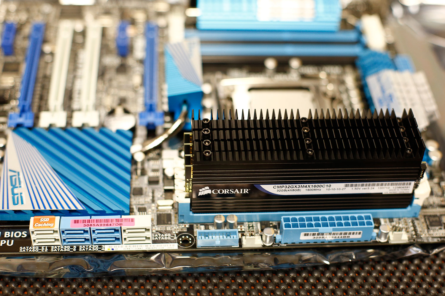 32 gigabytes of memory installed onto the Asus P9X79 Deluxe motherboard. This is when I stopped before installing the second bank of memory because it would have then been tight installing the microprocessor.