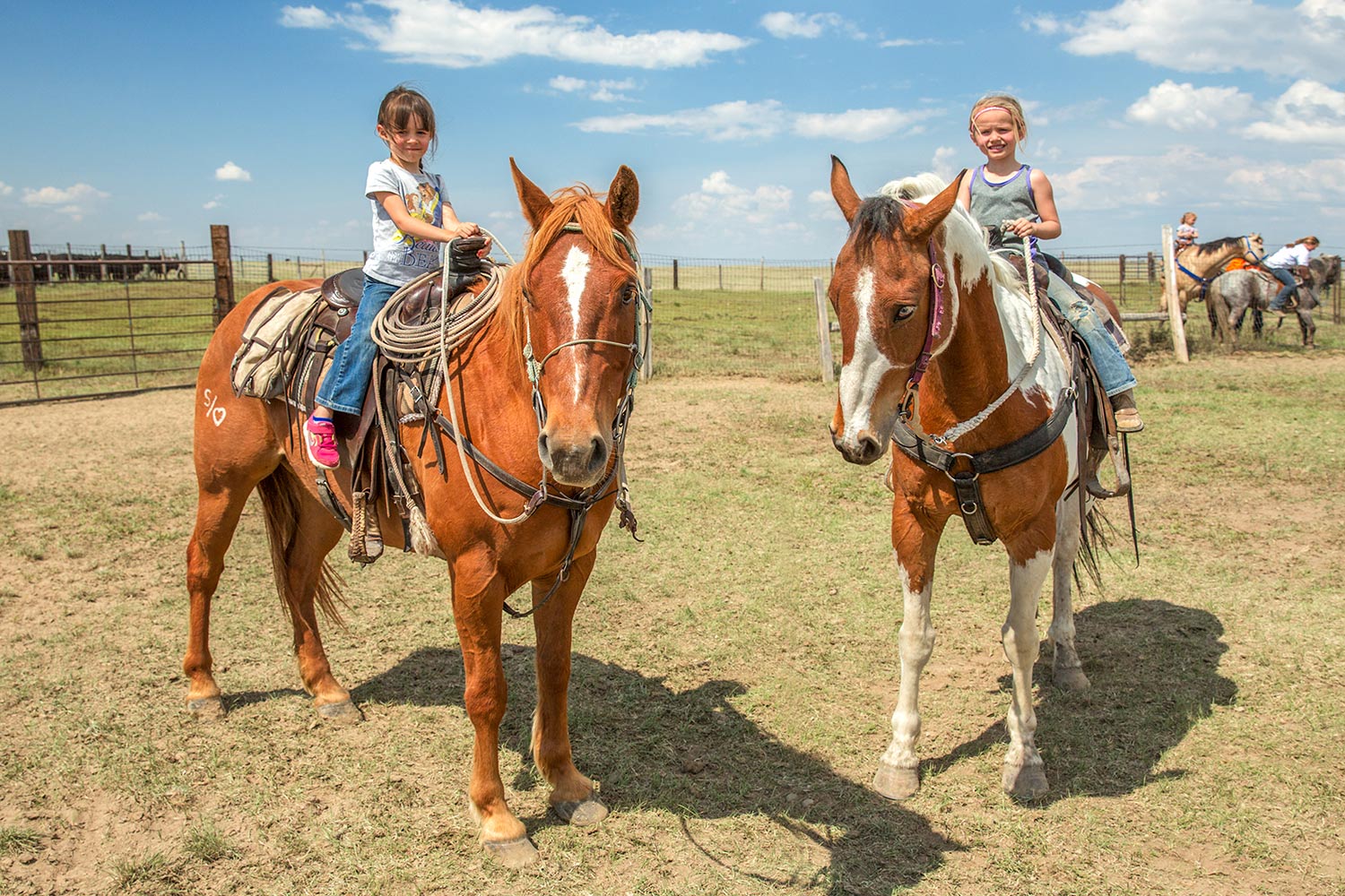 A couple of young cowgirls riding horses near Chinook, Montana...and making little girls in the city who want a pony very jealous. → License Photo